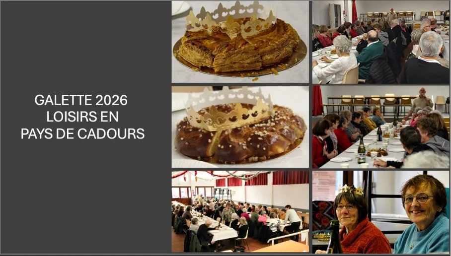 Montage photo de la galette des rois 2026 : galettes dorées et adhérents attablés