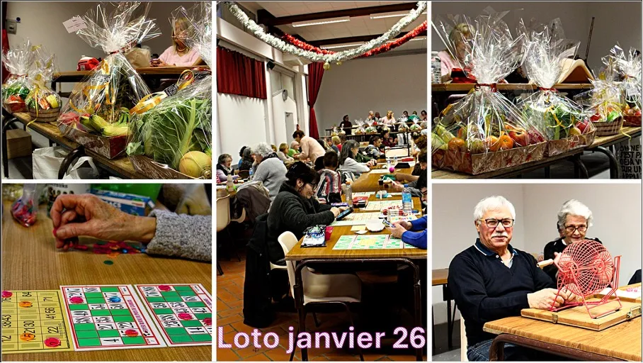 Montage photo du loto de janvier 2026 : paniers garnis, joueurs et gagnants