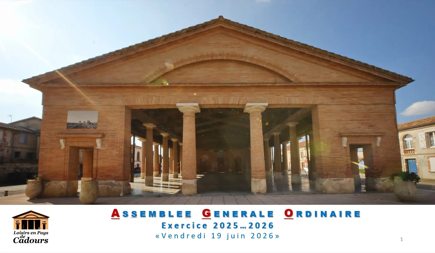 La halle de Cadours, illustrant l’assemblée générale de l’exercice 2025-2026